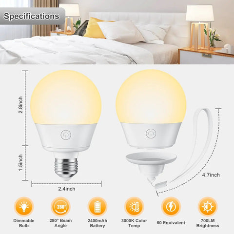 Specifications of round LED bulbs with warm yellow light, dimensions, and features in a cozy bedroom setting.