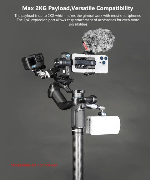 Pro Level Smartphone Gimbal With 3-Axis Stabilization, Built-In AI Tracking Module, Cooling Fan, and 2Kg Payload setup with devices