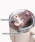 Close-up of the leakproof flip straw lid on the Solid Double Wall Vacuum Insulated Flip Straw Travel Tumbler With Secure Leakproof Lid Keeps Drinks Ice Cold All Day Long Rose Quartz Thirty Ounce Portable Cup For Gym Hiking And Daily Grind.