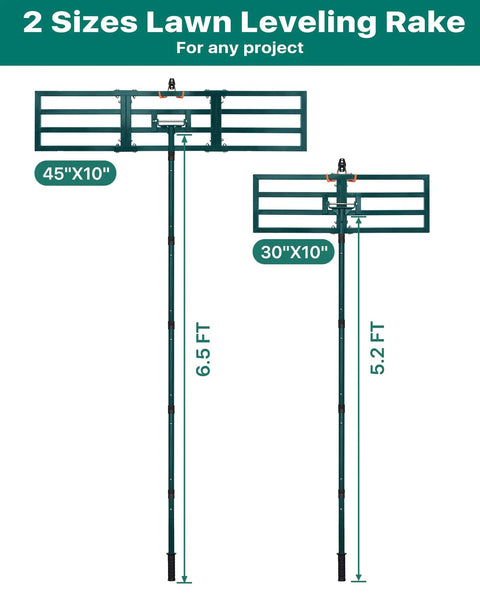 Heavy Duty Lawn And Yard Leveling Rake 45 Inch By 10 Inch With Wall Mount Hook compared with smaller 30 Inch By 10 Inch rake