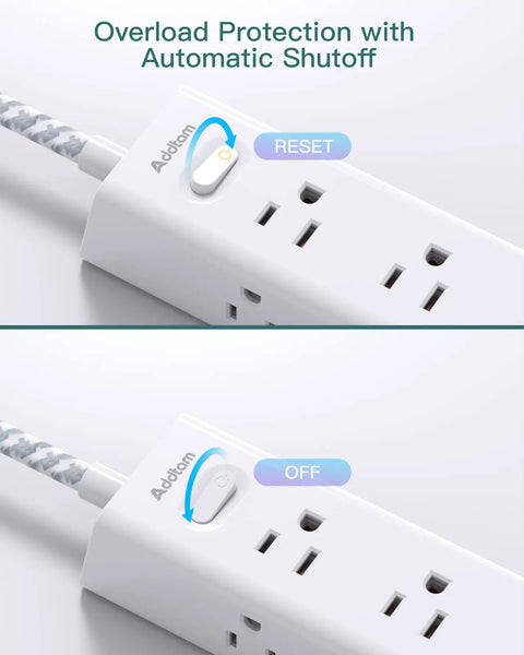 Close-up of 12 Outlet Surge Protector Power Strip With 5 Ft Flat Plug, 3 USB Ports, showing overload protection toggle.