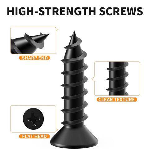 Close-up of high-strength screws showing sharp end and flat head for Black Stainless Steel L Brackets Set of 18 With 72 Screws.
