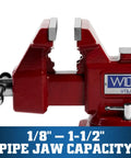 Utility Bench Vise Workhorse With 4-1/2 Inch Jaw Width, 4 Inch Opening, showing pipe jaw capacity and close-up of jaws.