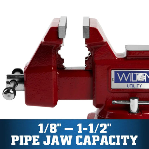 Utility Bench Vise Workhorse With 4-1/2 Inch Jaw Width, 4 Inch Opening, showing pipe jaw capacity and close-up of jaws.
