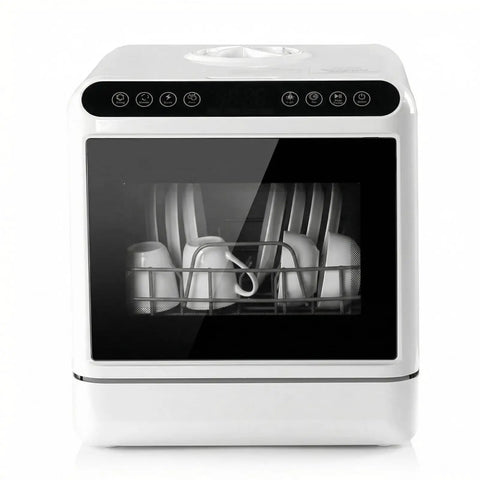 No Sweat Countertop Dishwasher With Zero Hookups Required, compact white design, showing clean dishes inside.
