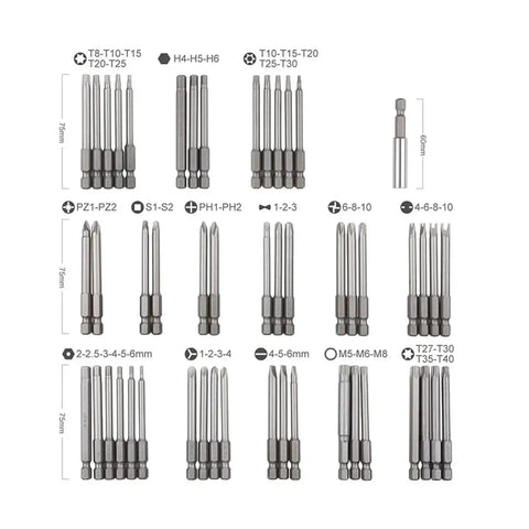 Premium 50 Piece Extra Long Screwdriver Bit Set With Comfortable Handle Featuring Torx Star Hex Spline Tips Perfect For Daily Repairs Picture Hanging And Minor Plumbing Jobs In A Reinforced Toolbox, 75mm bits shown