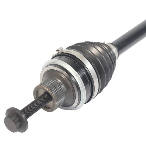 Front CV Axle Assembly for Audi Q5 2013 2014 2015 2016 2017 Fits Front Wheel Drive and AWD Silent Ride Technology, Heat Treated Components, Premium Strength, Limited Lifetime Warranty front CV axle close-up with boot, splined shaft, and bolt