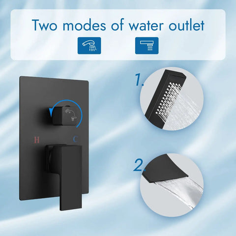Waterfall Bathtub Faucet Wall Mounted Tub Filler With Handheld Shower Spout One Handle Shower Kit in Matte Black showing water outlets