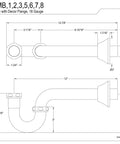 Technical drawing of Durable Solid Brass Kitchen P Trap In Antique Brass Finish With Bell Flange And Easy Install One And One Quarter Inch Inlet Trimmable About Twelve And Seven Eighths Inches Long Tarnish Resistant