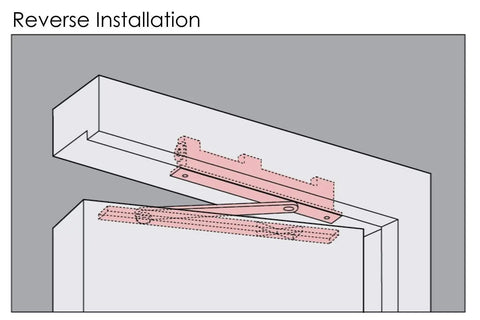 Reverse installation of Concealed Door Closer For Heavy Duty Doors Up To 88lbs Non Handed Sleek Low Profile Hidden Hardware diagram.