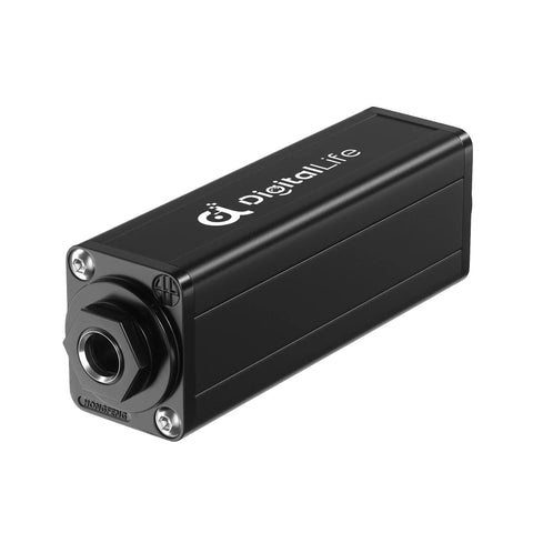 Close-up of black 6.35mm Ground Loop Noise Isolator for Guitar Amp and Mixer 1/4 Inch Hum Eliminator with logo on side.