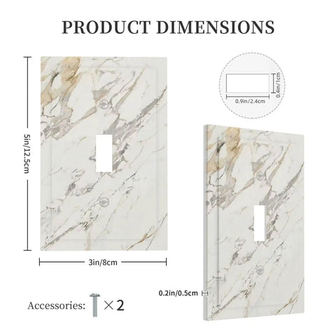 Absolute Game Changer With This Sleek Gray White Marble 1 Gang Switch Cover Featuring A Crisp Modern Abstract Look And Hidden Screws showing dimensions.