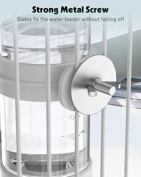 Legit Leak Proof Automatic Bird Water Dispenser With Drip Free Sippin Station For Small Parrots Parakeets Cockatiels And Budgies Smooth Plastic Cage Hydration Bottle 140Ml close-up of strong metal screw fixing water feeder.