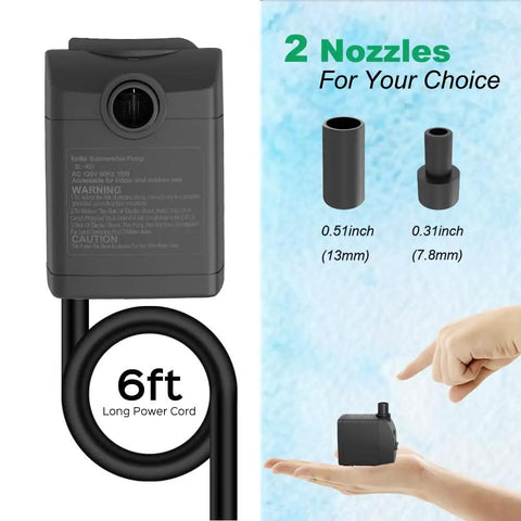 Ultra Quiet Submersible Pump With 200GPH Flow, Built To Last, Overheating Protection And 5.2 Ft Lift For Fountains, Hydroponics, Ponds, Aquariums And More Ideal For Indoor Fountains, Pond Filters, Hydroponic Systems, Fish Tanks And Dope DIY Projects with long power cord and nozzle options