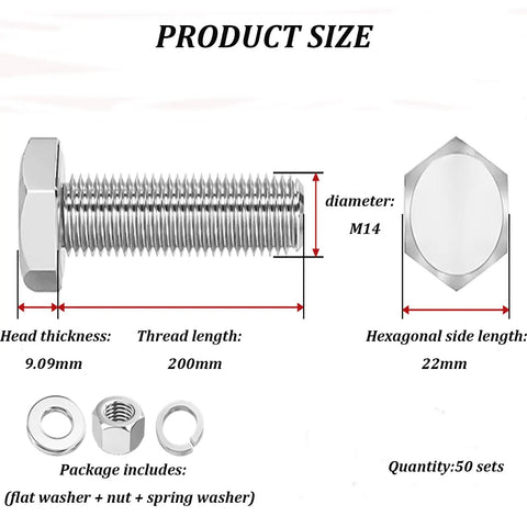 Built Different 50 Piece Set Of 304 Stainless Steel Hex Bolts And Nuts M14 Diameter 160 To 200Mm Long showing size dimensions.