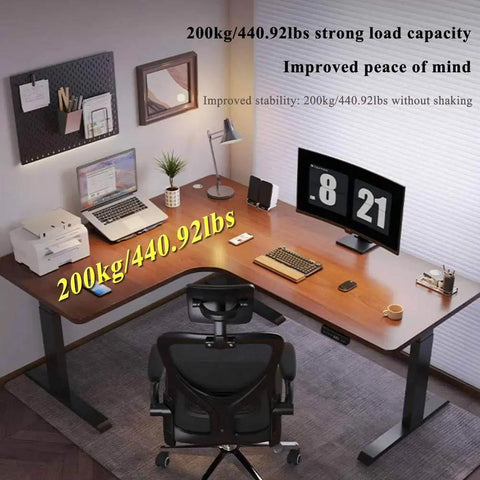 L Shaped Electric Height Adjustable Standing Corner Desk Ergonomic Sit Stand Computer Table For Home Office with dual monitors.