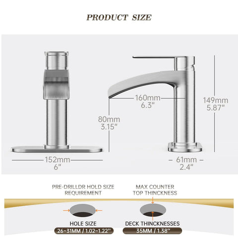 Product dimensions of Brushed Nickel Single Handle Waterfall Bathroom Faucet With 6 Inch Deck Plate Metal Pop Up Drain design.