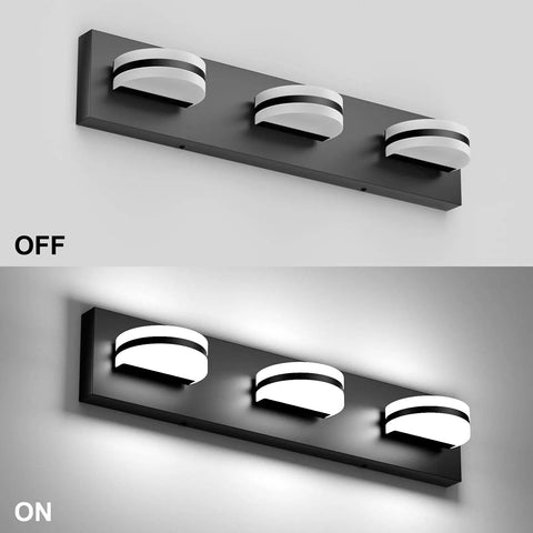 LED Modern Black Vanity Light With Acrylic Finish Over Mirror Three Light Bathroom Wall Fixture With 360 Degree Rotatable Joint On and Off