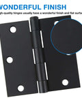 Matte Black 3.5 Inch Door Hinges Set, Built Tough Heavy Duty Interior Hinges With Square Corners, close-up of hinge finish