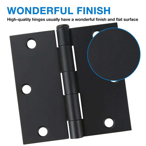 Matte Black 3.5 Inch Door Hinges Set, Built Tough Heavy Duty Interior Hinges With Square Corners, close-up of hinge finish