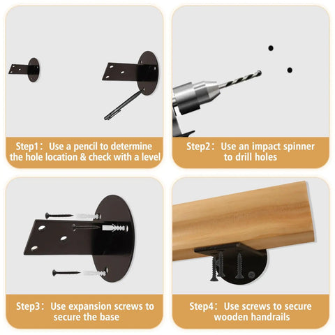 Installation guide steps for Wall Mounted Indoor Stair Railing Solid Pine Wood Handrail Heavy Duty Grab Bar.