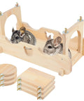 Premium Solid Pine Wood Chinchilla Suspension Bridge and Climbing Ledges with two chinchillas inside a wooden platform.