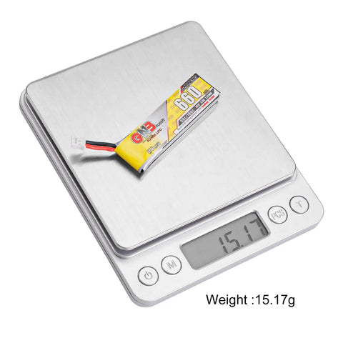 Crazy Light 660mAh 1S LiPo Battery Pack For Tiny FPV Drones Four Pack on digital scale showing weight 15.17g