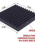 12x12x1 inch black acoustic foam wedge panel showcasing specifications for soundproofing wall panels, part of 96 Pack Heavy Duty Acoustic Foam Wedge Tiles Soundproofing Wall Panels For Recording Studios Kill The Echo With Pro Grade Mid High Frequency Absorption And Fool Proof Double Sided Tape 12 By 12 By 1 Inch.