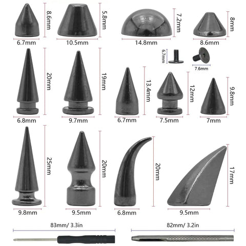 Badass Punk Spikes And Studs Kit 150 Piece Mixed Shape Gun Black Leather Rivets tools sizes 6.7mm to 25mm for DIY projects
