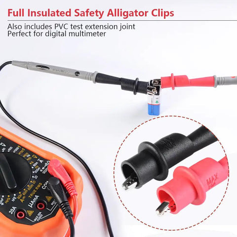 Heavy Duty Electrical Multimeter Test Leads Kit With Alligator Clips, Hooks And Probes, 1000V CAT II, 10A displayed with digital multimeter