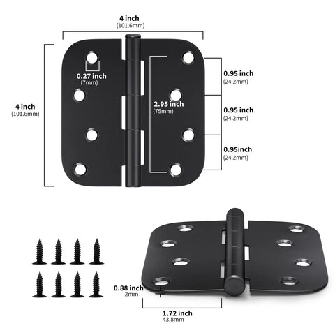 Heavy Duty Matte Black 4x4 Hinges Set, 18 Pack With 144 Matching Screws For Interior And Exterior Doors, dimensions shown