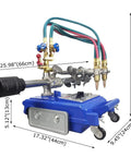 Heavy Duty Semi Automatic Double Torch Gas Cutting Machine features dual torches, blue alloy frame, designed for precision bevel or straight cuts.