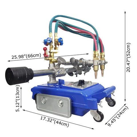 Heavy Duty Semi Automatic Double Torch Gas Cutting Machine features dual torches, blue alloy frame, designed for precision bevel or straight cuts.
