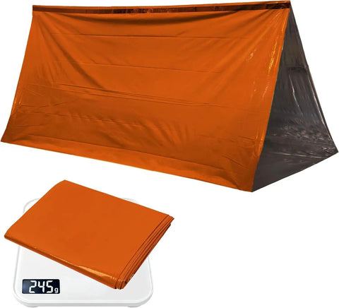 Emergency Survival Tent Mylar Thermal Shelter for 1 or 2 People shown unfolded and folded on scale