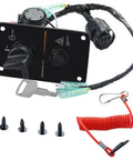 12V Marine Outboard Ignition Key Switch Panel for Yamaha engines featuring key, connections, and red safety coil.