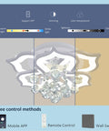 Lit Six-Head Crystal LED Flush Mount Ceiling Light With Remote Control showing dimming controls and chandelier style