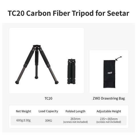 TC20 Carbon Fiber Tripod for Seestar with adjustable legs, weight capacity details, and a ZWO drawstring bag shown.