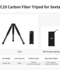 TC20 Carbon Fiber Tripod for Seestar with foldable legs, drawstring bag, and specs. Seestar Tripod Head TH10 And TC20 For Seestar Smart Telescope.