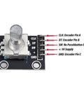 KY-040 360 Degree Rotary Encoder Module With Knob Cap showing connection pins for Arduino, 5V operation, 20 pulses per revolution.