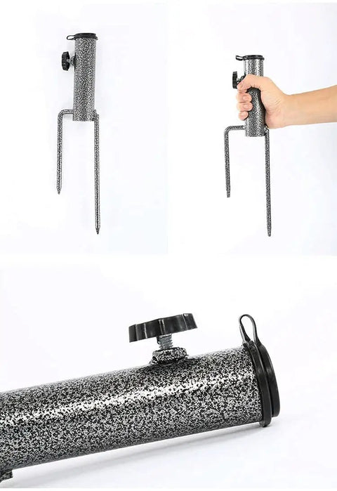 Two Pack Heavy Duty Patio Umbrella Anchor Stand with Forked Ground Screw Stakes shown in metal finish, adjustable knob for 22mm to 35mm pole fits.