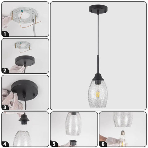 Installation process of Black Seeded Glass Mini Pendant Light Adjustable Pendant Fixtures With Handblown Seeded Glass Shade.