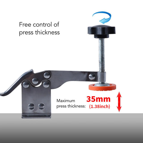 Heavy Duty Quick Release Toggle Clamp For Woodworking And Welding showing adjustable screw for press thickness of 35mm.