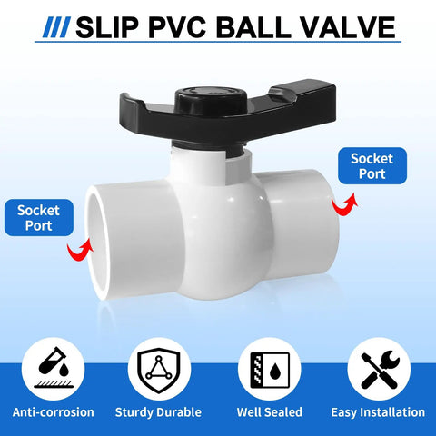 1 Inch PVC Ball Valve Kit 2 Pack Slip PVC Shutoff Valves with Double Socket Full Flow Port Schedule 40 Control Valve front view