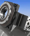 Heavy Duty 90 Degree Right Angle Turntable Gearbox Reducer With Hollow Rotating Platform Built Like A Tank For 60 Frame 400W AC Motors And Beefy 14Mm Input Shaft, showing hollow output shaft and solid structure.