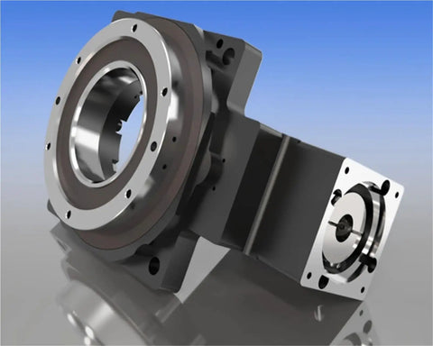 Heavy Duty 90 Degree Right Angle Turntable Gearbox Reducer With Hollow Rotating Platform Built Like A Tank For 60 Frame 400W AC Motors And Beefy 14Mm Input Shaft, showing hollow output shaft and solid structure.