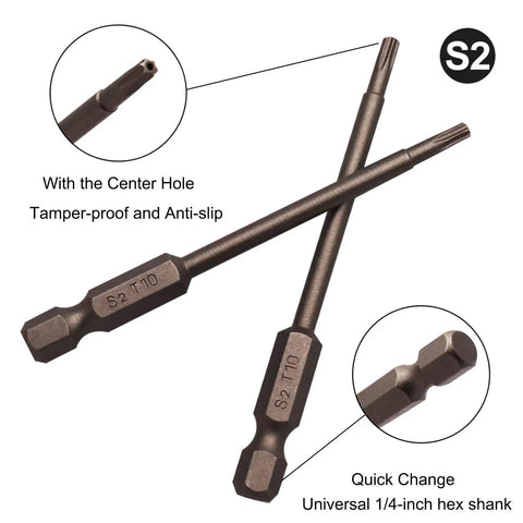 Get The Job Done Right With This 1 Pc Magnetic Torx Head Screw Driver Bit Set featuring Long 75mm Shafts And A Secure 1/4 Inch Hex Shank These Security Tamper Proof Bits Are Made From Heavy Duty S2 Steel To Prevent Stripping and Breakage ensuring a tight. S2 steel screwdriver bits with a center hole for tamper-proof use