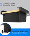 Updated 2 Set Overhead Garage Storage Rack Heavy Duty 13 Gauge Ceiling Bin Organizer showing bin placement and safety bolts