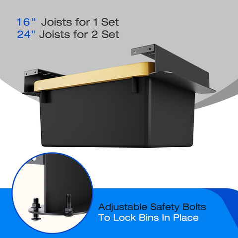 Updated 2 Set Overhead Garage Storage Rack Heavy Duty 13 Gauge Ceiling Bin Organizer showing bin placement and safety bolts