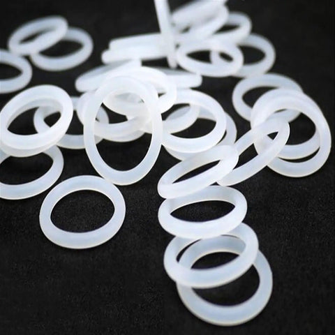 White Silicone O Ring Seal Kit 10 Pcs Variety Pack Thickness 2 2.4 3 4 Millimeter With Various Outer Diameters For Plumbing Industrial Equipment Food Processing And Automotive Seals, white silicone O-rings on black background