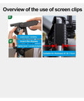 Overview of screen clips usage instructions, includes tightening and inserting display for 10-17mm thickness.